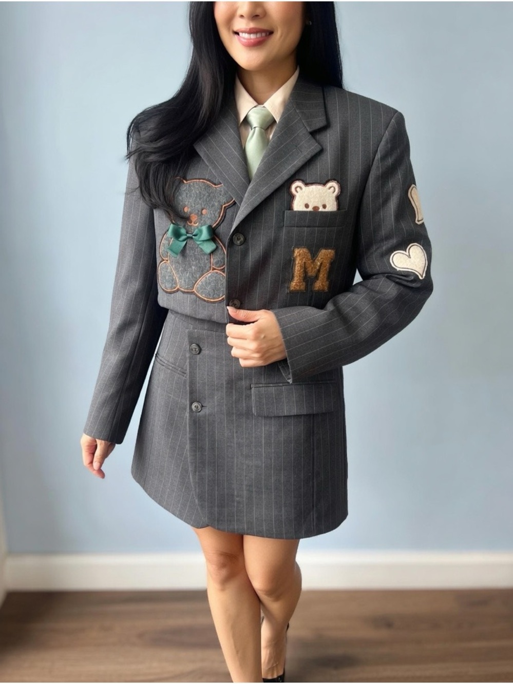 Gray Pinstripe Blazer with Bear Patches Vintage Remake